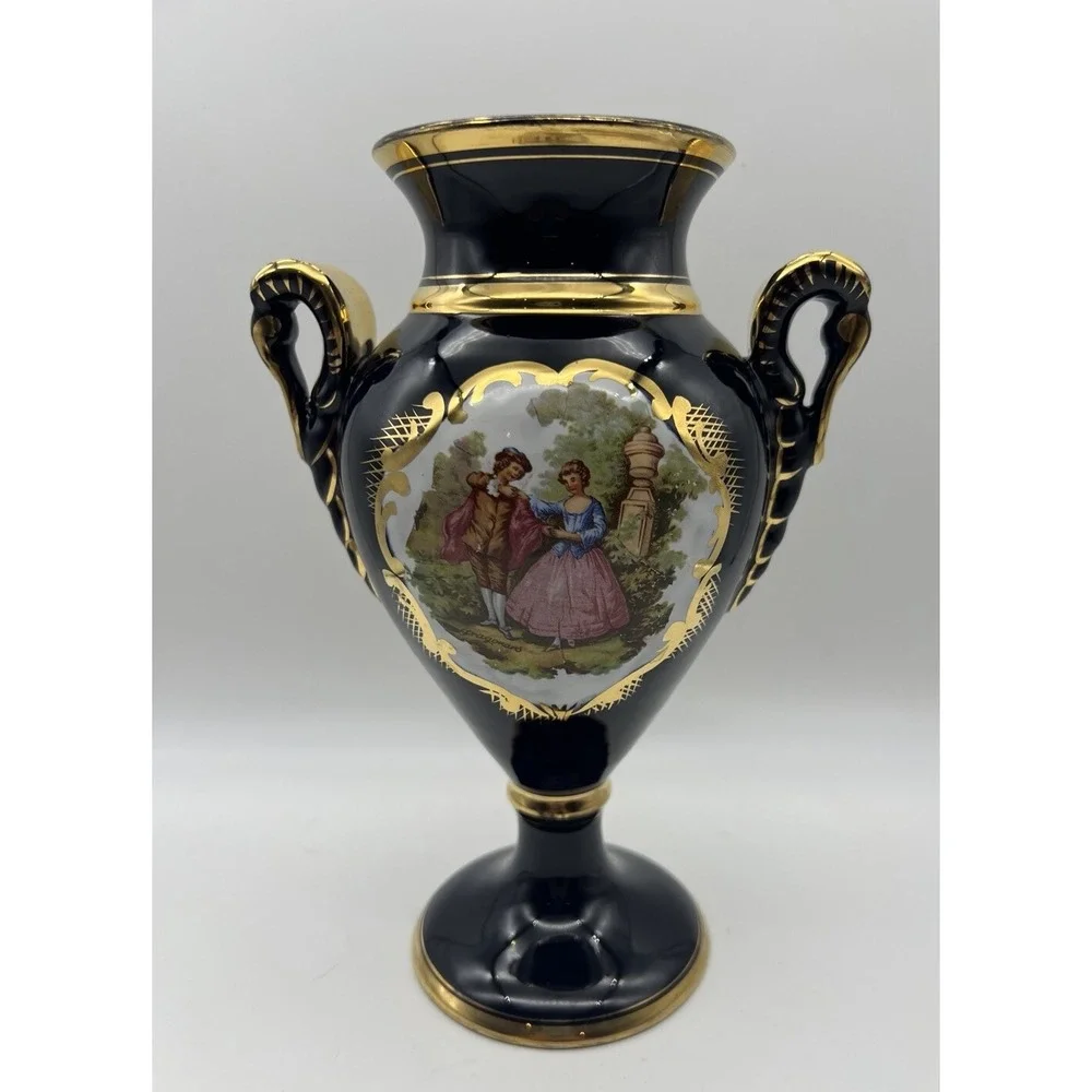 Vintage Limoges Fragonard 2 Handled Vase Cobalt Blue & Gold Courting Couple 9.5